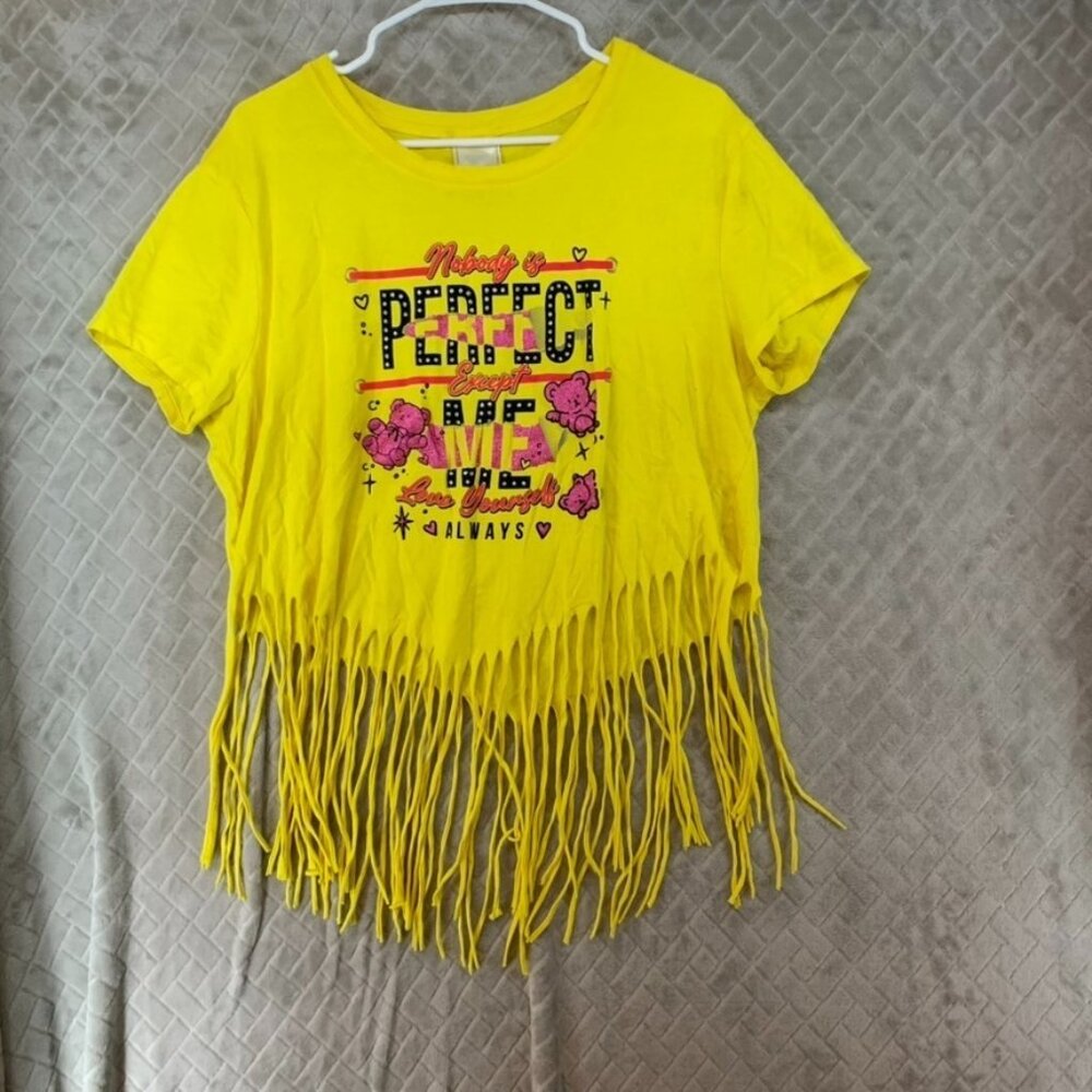 Fashion Of New York Womens 2X T Shirt Yellow Cut Up Tassels Graphic Print